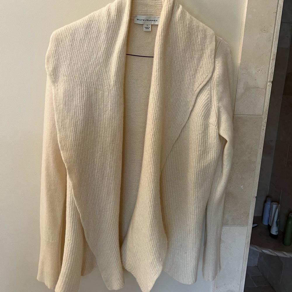White + Warren Cream Open Front Cashmere Cardigan